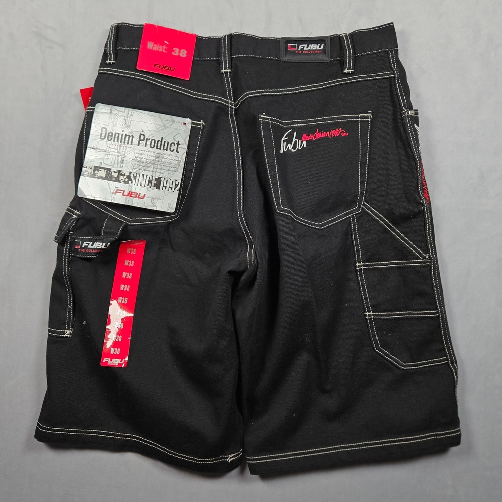 NEW FUBU Shorts Mens 38 Black Denim Baggy Loose Embroidered Contrast Stitch Y2K